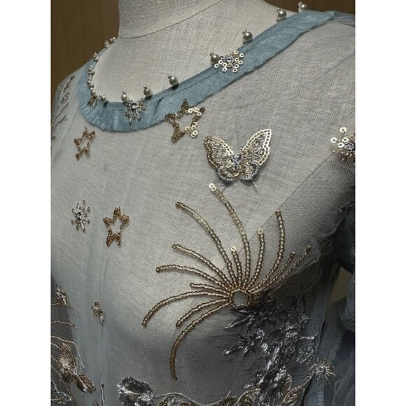 Anum Jung Blue Embroidered Beaded Kurta Unlined Tunic Blouse M - Picture 5 of 10